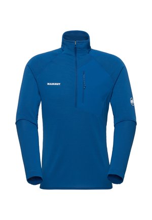 Blauwe outdoor pullover met lange mouwen, kwartrits en hoge kraag, borstzak met rits, "Mammut"-logo op de borst en mammoetlogo op de linker mouw.