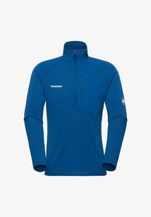 Blauwe outdoor pullover met lange mouwen, kwartrits en hoge kraag, borstzak met rits, "Mammut"-logo op de borst en mammoetlogo op de linker mouw.