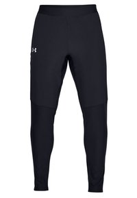 Mustat urheiluhousut joustavasta materiaalista, joissa on istuva muotoilu, joustava vyötärö ja pieni hopeinen logo vasemmassa reidessä.