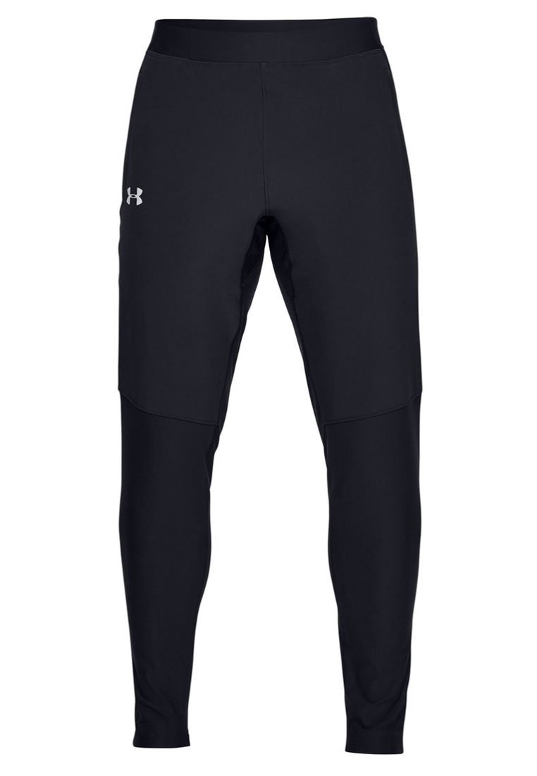 Mustat urheiluhousut joustavasta materiaalista, joissa on istuva muotoilu, joustava vyötärö ja pieni hopeinen logo vasemmassa reidessä.