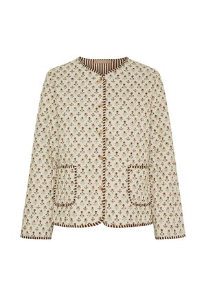 Kremfarvet jakke med lille brun blomstret print, stribet kant langs kanter og lommer, rund halsudskæring og knapper foran.