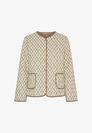 Kremfarvet jakke med lille brun blomstret print, stribet kant langs kanter og lommer, rund halsudskæring og knapper foran.