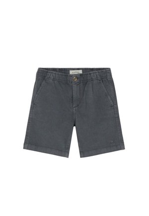 Pantalones cortos casuales de color gris oscuro con cintura elástica, cierre de botón, bolsillos delanteros y un pequeño logo cerca del dobladillo.