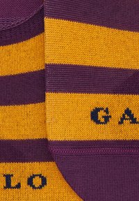 Calzini a righe in tonalità viola scuro e oro, con una trama lavorata a maglia, con la scritta "GALO" stampata in blu scuro nella parte inferiore.