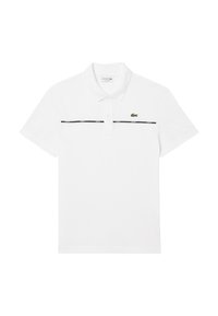 Valkoinen puuvillapaita, jossa on musta vaakasuora raita rinnan kohdalla ja vihreä krokotiililogo vasemmalla puolella.