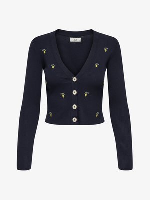 Cardigan bleumarin cu model canelat, cu decolteu în V, având broderii galbene sub formă de frunze și butoane albe pe față.