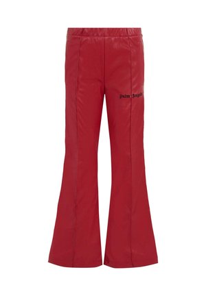 Pantaloni a zampa d'elefante rossi realizzati in un materiale liscio, con il logo nero "Palm Angels" sul lato sinistro e una vita elastica.