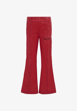 Pantaloni a zampa d'elefante rossi realizzati in un materiale liscio, con il logo nero "Palm Angels" sul lato sinistro e una vita elastica.
