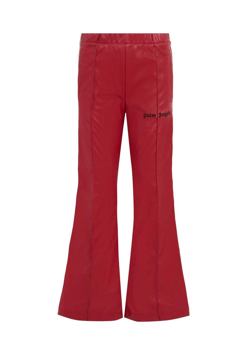 Rode uitlopende broek gemaakt van een gladde stof, met een zwart "Palm Angels" logo aan de linkerkant en een elastische tailleband.