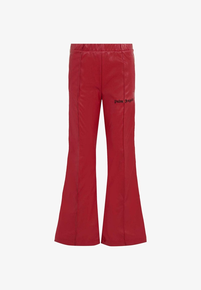 Rode uitlopende broek gemaakt van een gladde stof, met een zwart "Palm Angels" logo aan de linkerkant en een elastische tailleband.