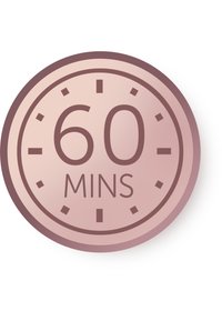 Rund rosa timer grafik som visar "60 MIN" i fet stil. Har en minimalistisk klockdesign med små tickmärken och timvisare.