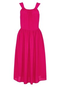 Vestido maxi en un vibrante color rosa, con tirantes anchos, escote fruncido y una silueta en línea A fluida con una textura suave.