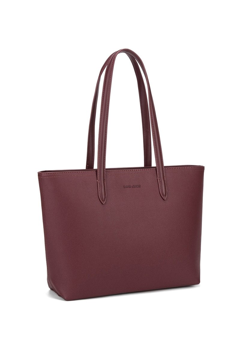 Borsa a tote in ecopelle bordeaux con due manici lunghi, forma rettangolare, superficie liscia e logo del marchio sottile sul davanti.
