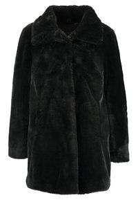 Svart fuskpälsjacka med krage, subtil textur, långa ärmar och avslappnad passform. Inga synliga knäppningar eller mönster.