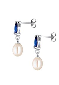 Øreringe i sterlingsølv med ovale blå sten og runde hvide perler, med en poleret finish og lukning med hængsel.
