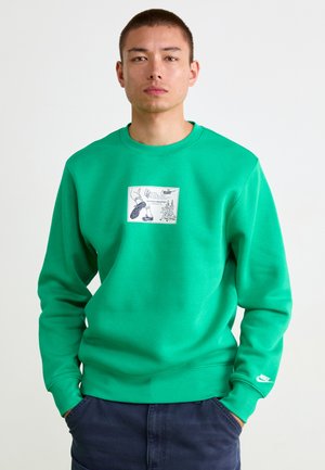 Green fleece sweatshirt with crew neckline and ribbed cuffs. Center graphic features illustrations and text, branded Nike logo on sleeve.