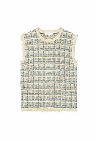 Mouwloze gebreide sweatervest met een blauw, crème en beige geruit patroon en franjes aan de armen en de onderrand.