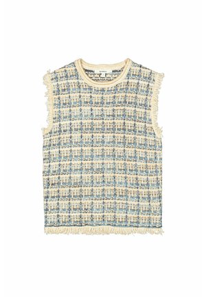 Chaleco de punto sin mangas con un patrón a cuadros en azul, crema y beige, y bordes con flecos en las mangas y el dobladillo.