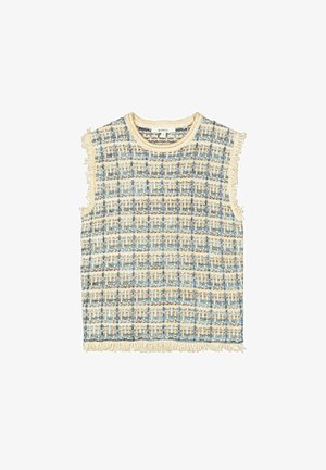 Mouwloze gebreide sweatervest met een blauw, crème en beige geruit patroon en franjes aan de armen en de onderrand.