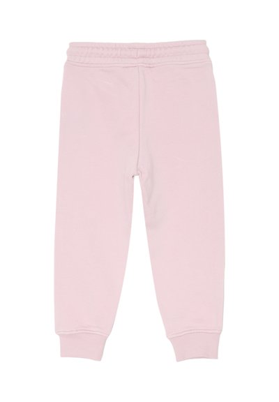 Pantaloni felpati per bambini di colore rosa chiaro, con vita elasticizzata e polsini a coste, esposti piatti su uno sfondo bianco.