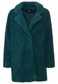 Teal fleece jas met een gestructureerd oppervlak, notch kraag en open voorkant. Het ontwerp heeft een losse pasvorm en verborgen zakken.