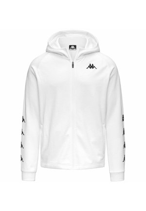 Sweat à capuche blanc zippé, logo Kappa noir sur la poitrine et logos répétés sur les deux manches, taille large.