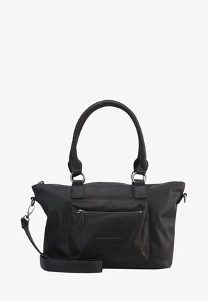 Bolso de mano de cuero negro con dos asas, bolsillo frontal con cremallera y correa de hombro desmontable sobre fondo blanco.