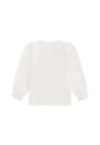 Blusa bianca con maniche lunghe a sbuffo e polsini elasticizzati. Tessuto semplice e liscio con un delicato bordo a scallopato allo scollo.