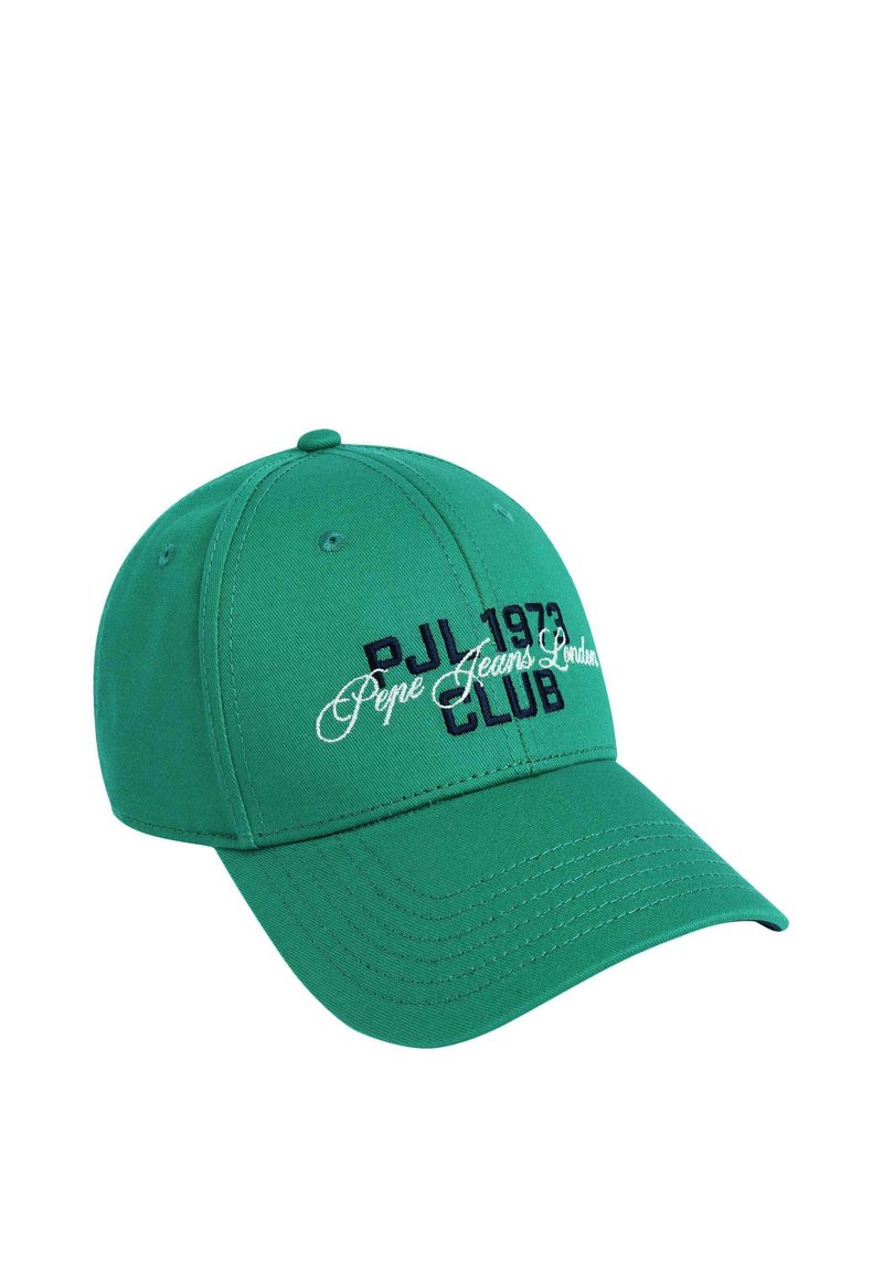 Gorra de béisbol verde con bordado en blanco y azul que dice “RJL 1973 Club” y “Pepe Jeans London”. Forma estructurada con visera curva.