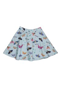 Light blue skirt featuring a flared design, adorned with colorful butterfly and leaf patterns. Made from soft, smooth fabric with an elastic waistband.
