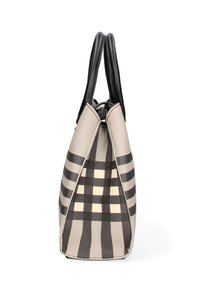 Borsa a spalla con motivo a rombi in beige e marrone scuro, con manici in pelle nera e chiusura con zip, silhouette triangolare.