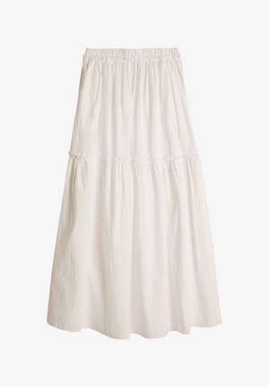 Hvit, lagdelt midi-skjørt laget av lett stoff med elastisk liv og rynkedetaljer, med en myk, strukturert overflate.