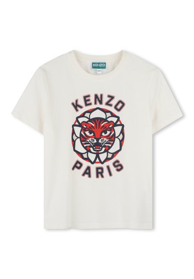 Witte katoenen t-shirt met een rood en zwart tijgergraphic binnen een bloemontwerp. De tekst leest "KENZO" en "PARIJS" in vette letters.