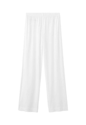 Biele voľné nohavice širokého strihu s elastickým pásom, navrhnuté na bežné alebo domáce nosenie.
