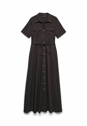Robe chemise maxi noire à manches courtes, avec boutons devant, poches poitrine, col et ceinture nouée à la taille.