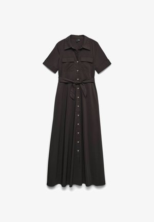 Robe chemise maxi noire à manches courtes, avec boutons devant, poches poitrine, col et ceinture nouée à la taille.
