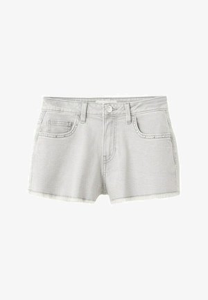 Svetlosivé rifľové šortky so zapínaním na gombík a zips, pútky na opasok, prednými vreckami, malými cvokmi a detailom s neupraveným lemom.