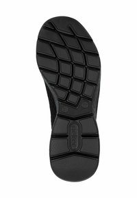 Suola di scarpa in gomma nera con grip texturizzato, caratterizzata da un motivo del battistrada geometrico e da un logo centrale marchiato. Taglia contrassegnata come 37.