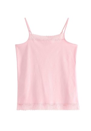 Lyserød camisole med tynde stropper og blondekant langs øverste kant og kant, vist mod en hvid baggrund.
