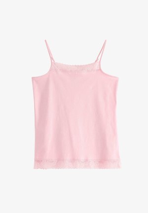 Lyserød camisole med tynde stropper og blondekant langs øverste kant og kant, vist mod en hvid baggrund.
