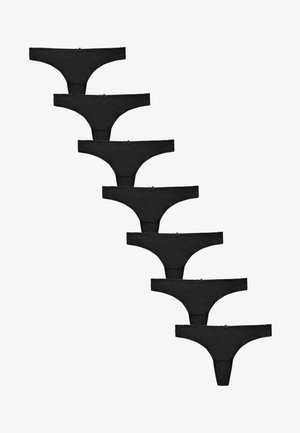 Seitse musta naiste tangapüksikut diagonaalselt paigutatud, igal paaril on väikene dekoratiivne lips vööjoone keskel.