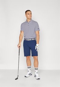 Polo w paski w kolorze granatowym i białym, zestawiony z granatowymi szortami. Białe buty golfowe z niebieskimi akcentami i w paski skarpetki. Trzyma kij golfowy.