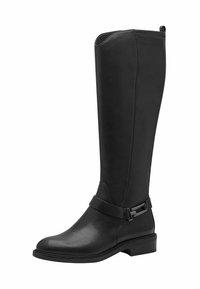 Stivale in pelle nera fino al ginocchio con un design elegante, dotato di una cinghia decorativa e un accento in metallo sulla caviglia. Suola piatta.