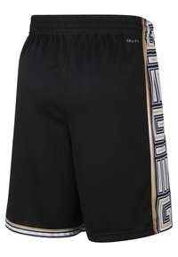 Shorts de sport noirs avec une taille élastique, motif géométrique en beige, blanc et bleu sur les côtés, et bordure fine à rayures à l'ourlet.