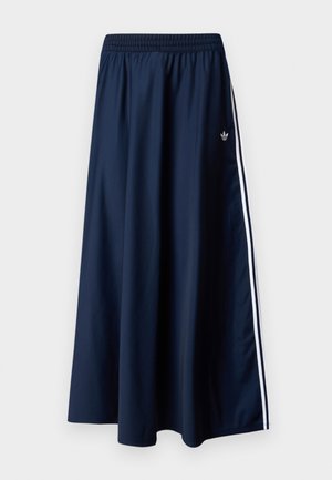 Jupe longue bleu marine avec ceinture élastique, deux bandes blanches sur les côtés et un petit logo Adidas blanc sur le côté gauche.