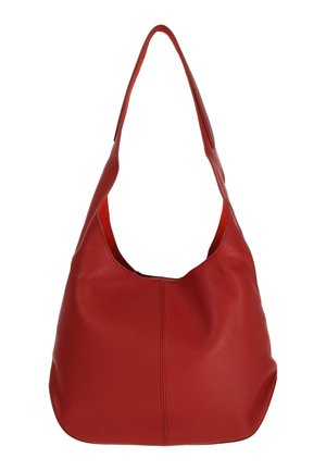 Zachte rode leren schoudertas met een enkele brede band en een gebogen, ongestructureerde vorm.