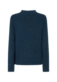 Suéter azul oscuro hecho de material de punto suave, con un escote redondo, mangas largas y un corte relajado con un detalle mínimo.