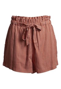 Pantaloncini color ruggine con righe verticali bianche, cintura elastica con coulisse e vestibilità comoda, adatti per un abbigliamento casual.