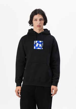 Black hoodie with a front pocket, featuring a blue and white rectangular logo with a star design. Cotton material, adjustable drawstring hood.