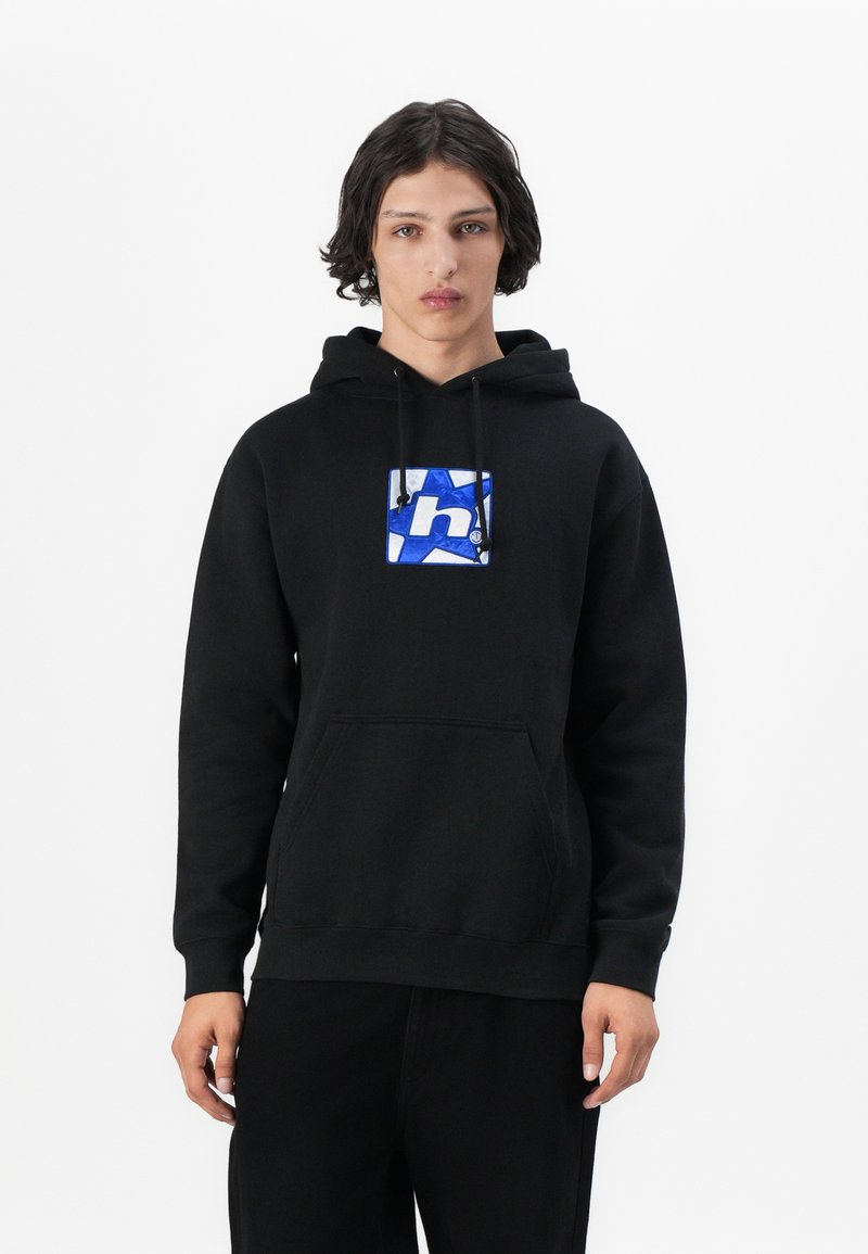 Black hoodie with a front pocket, featuring a blue and white rectangular logo with a star design. Cotton material, adjustable drawstring hood.